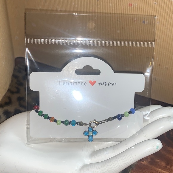 Handmade Jewelry - Handmade Multicolor Beaded with Blue Cross Charm 7”